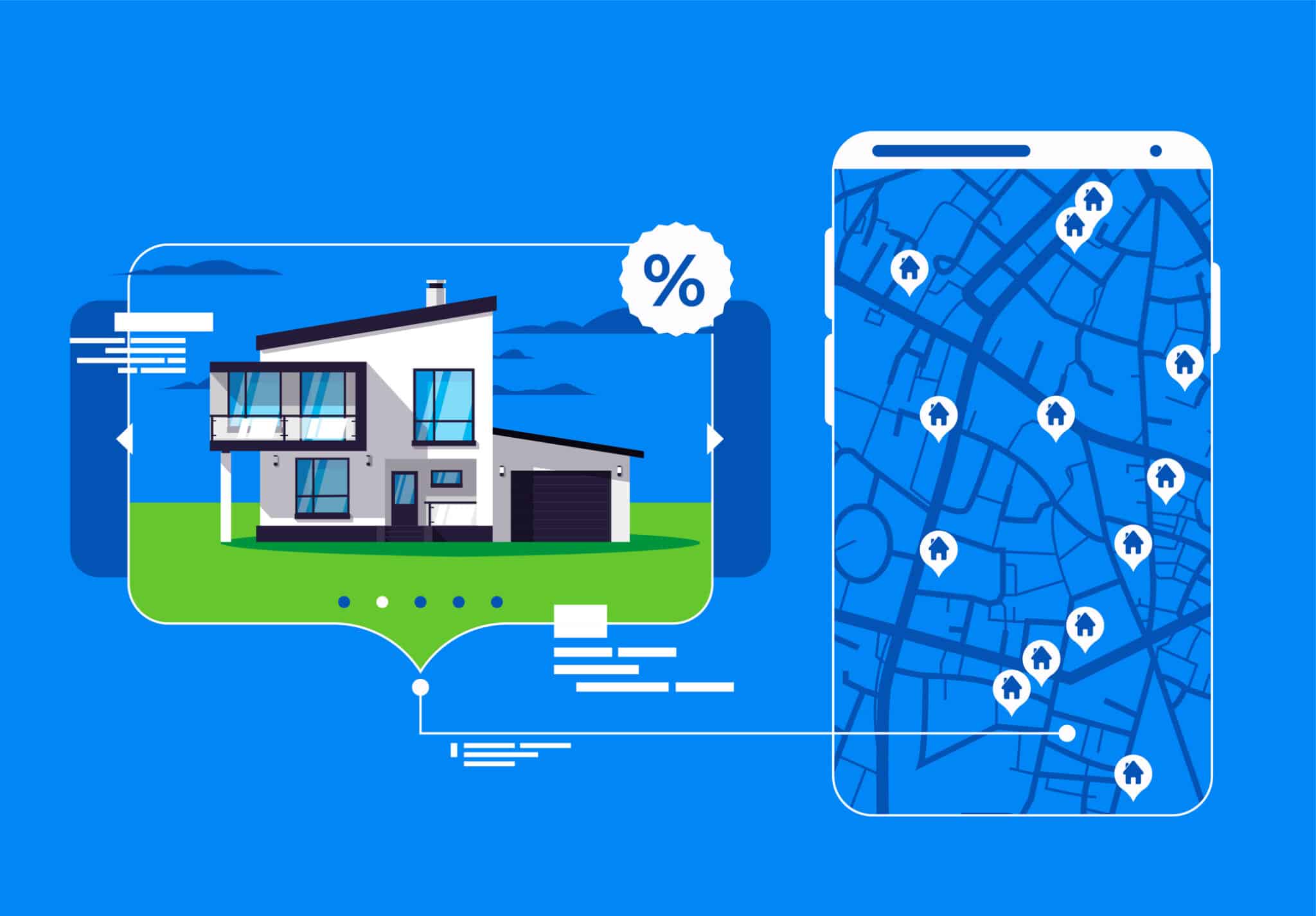 Vector illustration of a map of the area on the smartphone screen with the locations of houses for sale, a detailed description of a modern country two-storey house, real estate for sale