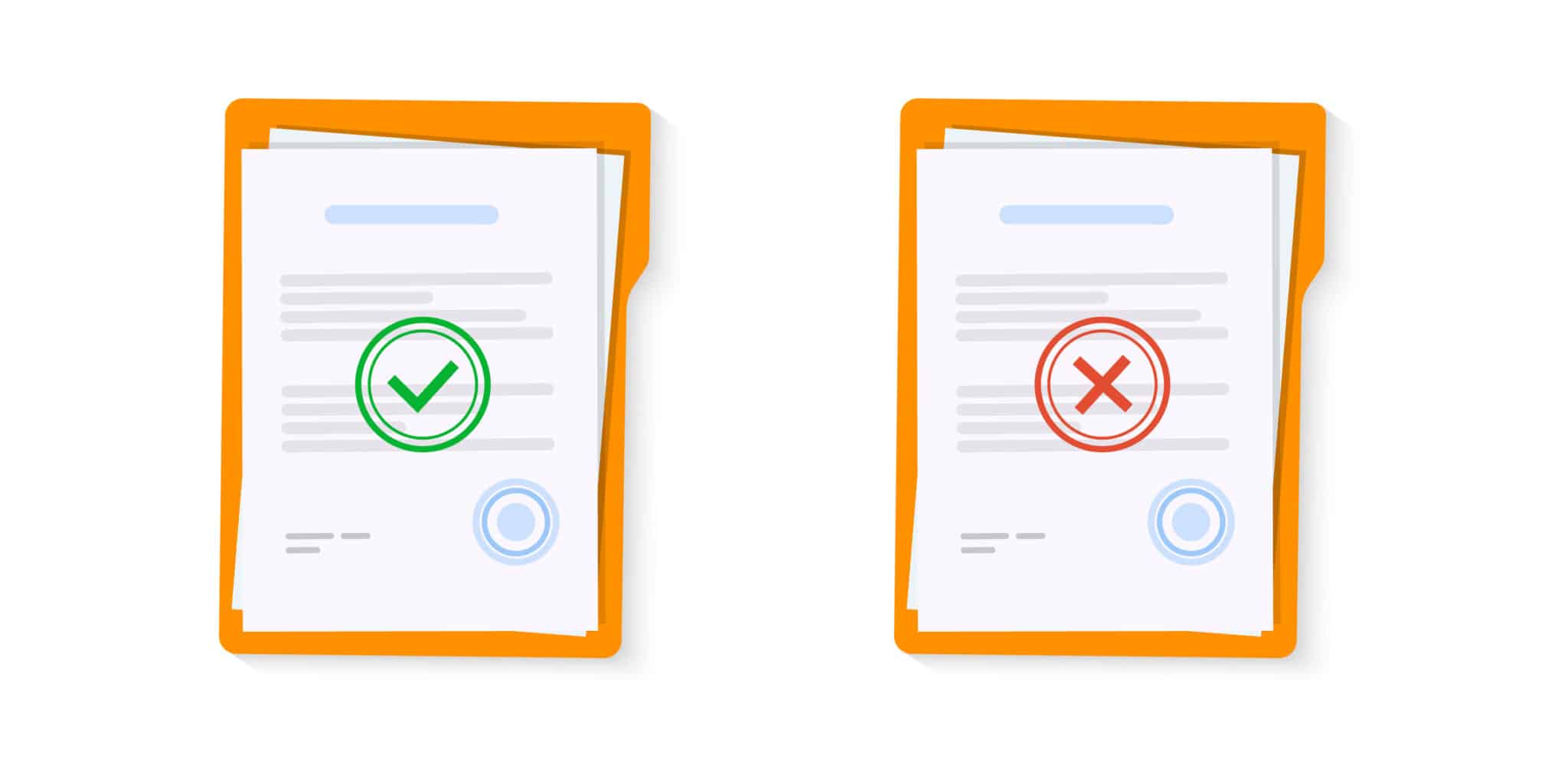 Approved and rejected document. Clipboard with document, red rejected and green approved stamp. Flat vector illustration