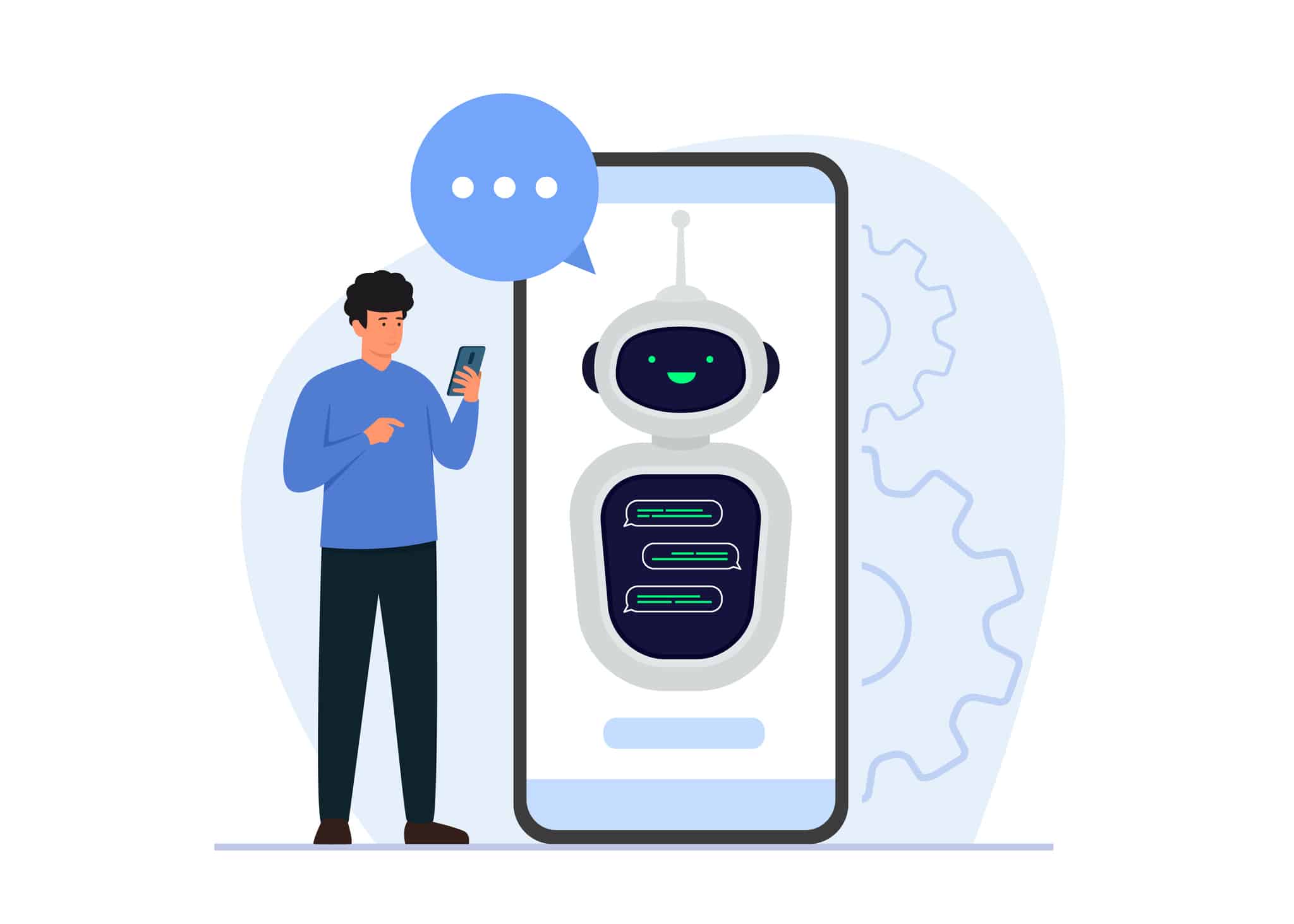 Chatbot and AI in customer service. Man having dialog with chat bot in smartphone. Flat vector illustration concept.
