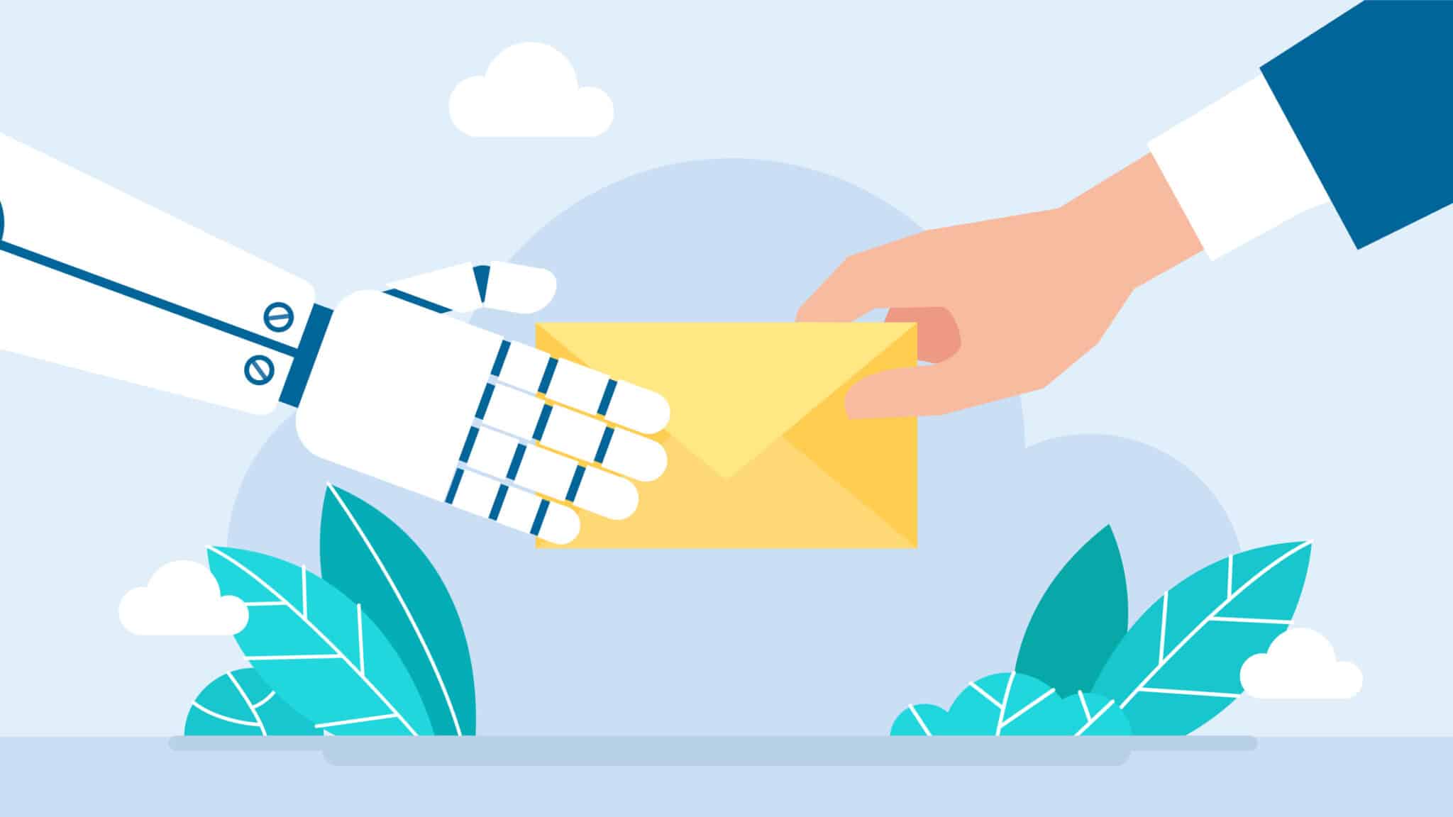 Close-up of robot hand, man, mail. Robot delivering mail to client. Email sent by AI. Man receiving parcel from bot courier flat style design. Newest robotic technologies concept. Vector illustration