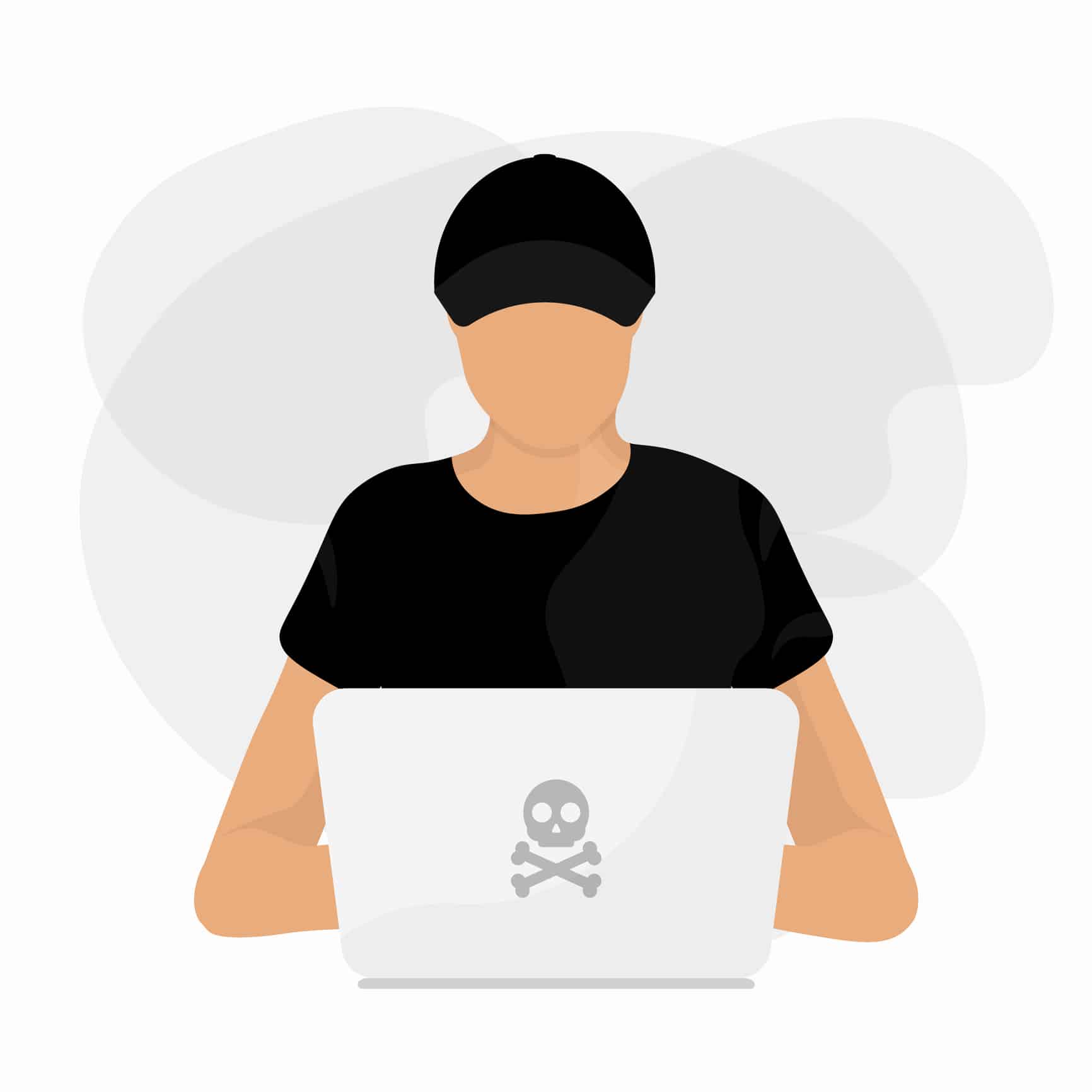 Hacker at laptop icon. Flat illustration of hacker at laptop vector icon for web design