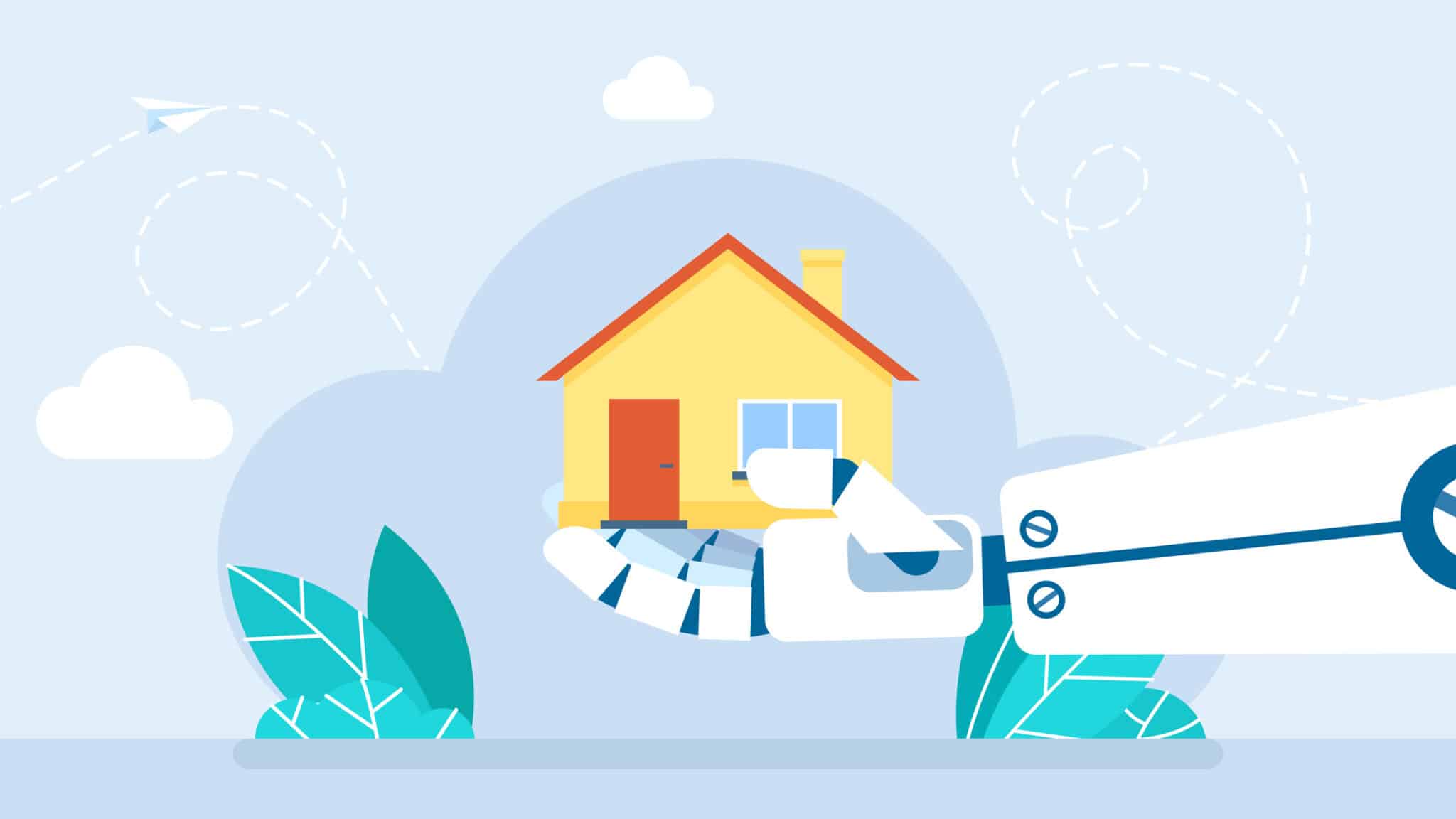 Robot Hand protects the house. The robot holds a house in the palm of its hand. Artificial Intelligence technologies at work in construction. The house is protected. Flat illustration