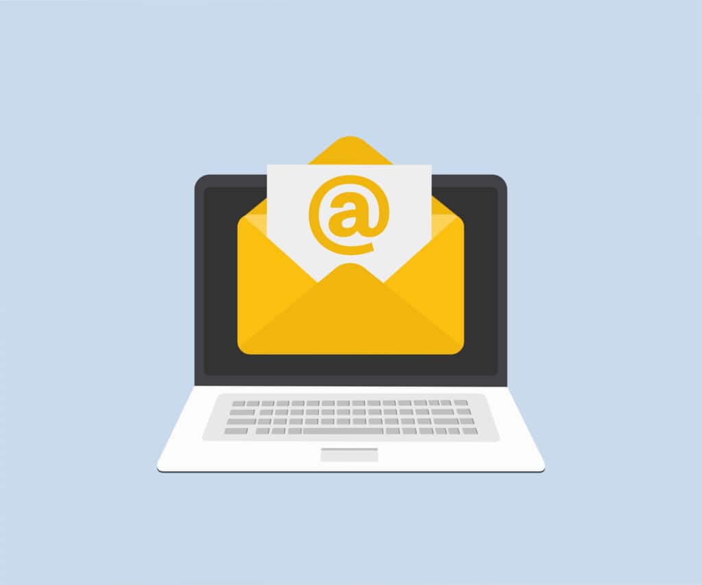 New message on the laptop screen. Email messages inbox notification. Envelope with new message. E-mail marketing, internet advertising vector design and illustration.