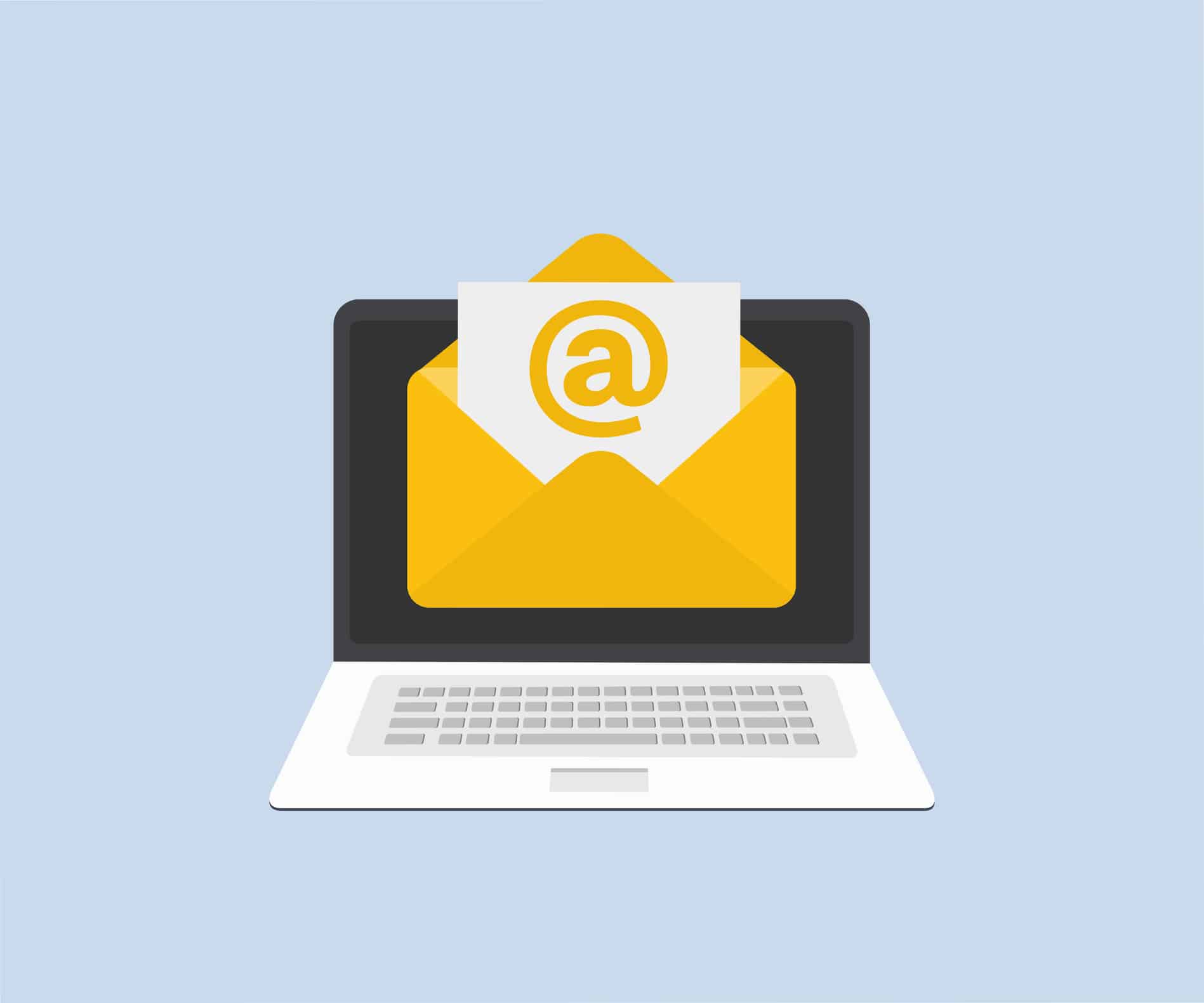 New message on the laptop screen. Email messages inbox notification. Envelope with new message. E-mail marketing, internet advertising vector design and illustration.