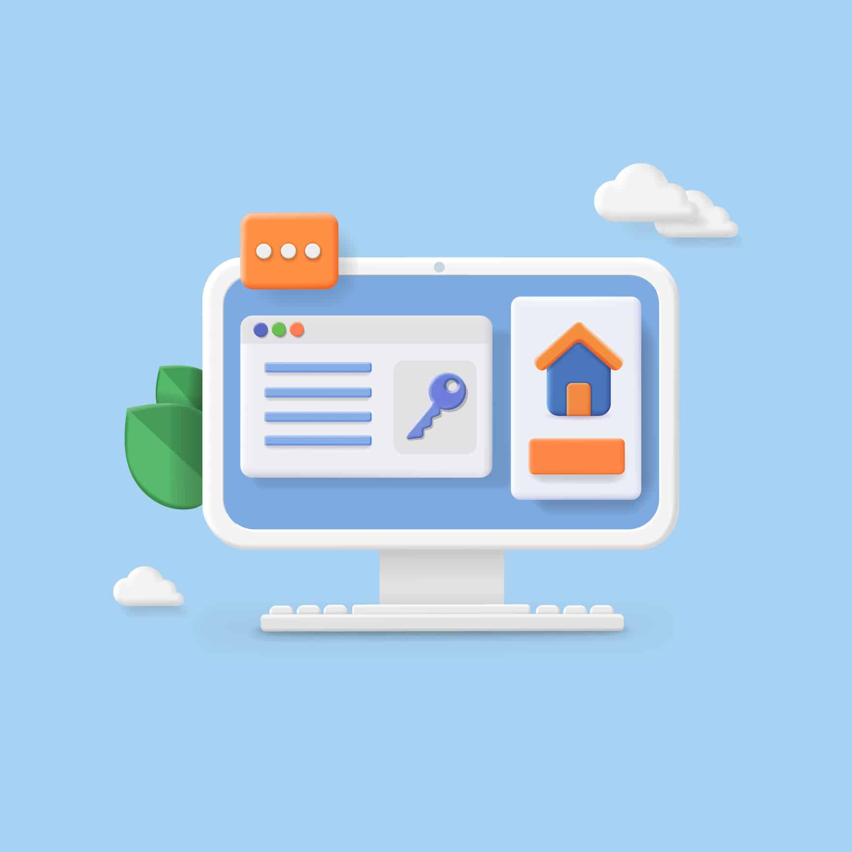 Real estate searching. Search for appartments, house. Real estate agency page on computer screen concept, sale property, Vector illustration.