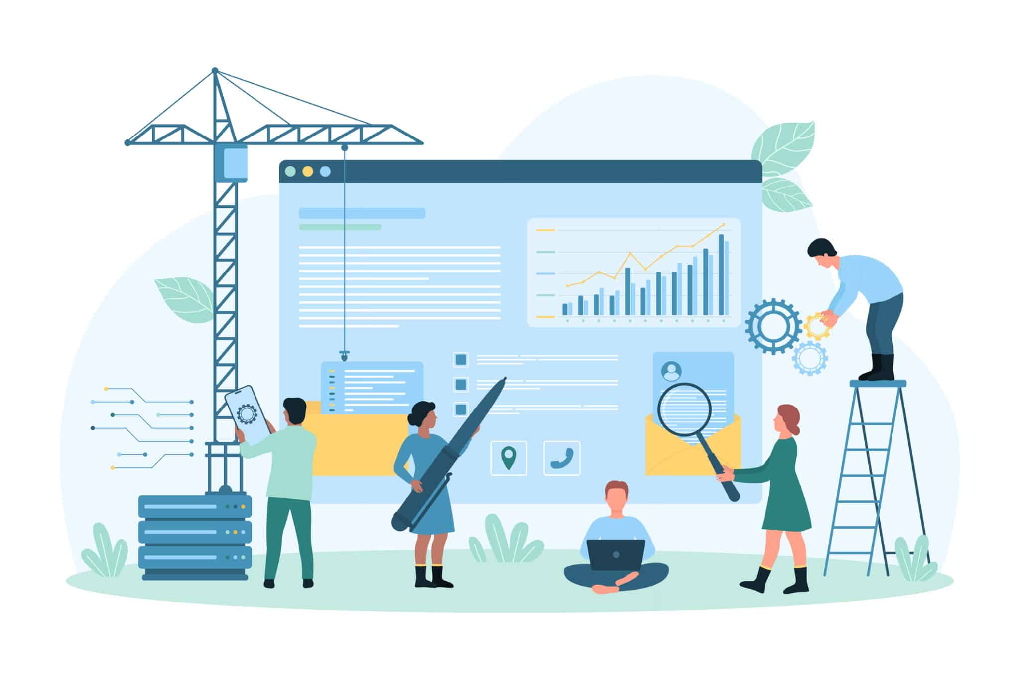 Website under construction, tiny people build new design, develop digital content 1. Crea tu propio sitio web inmobiliario