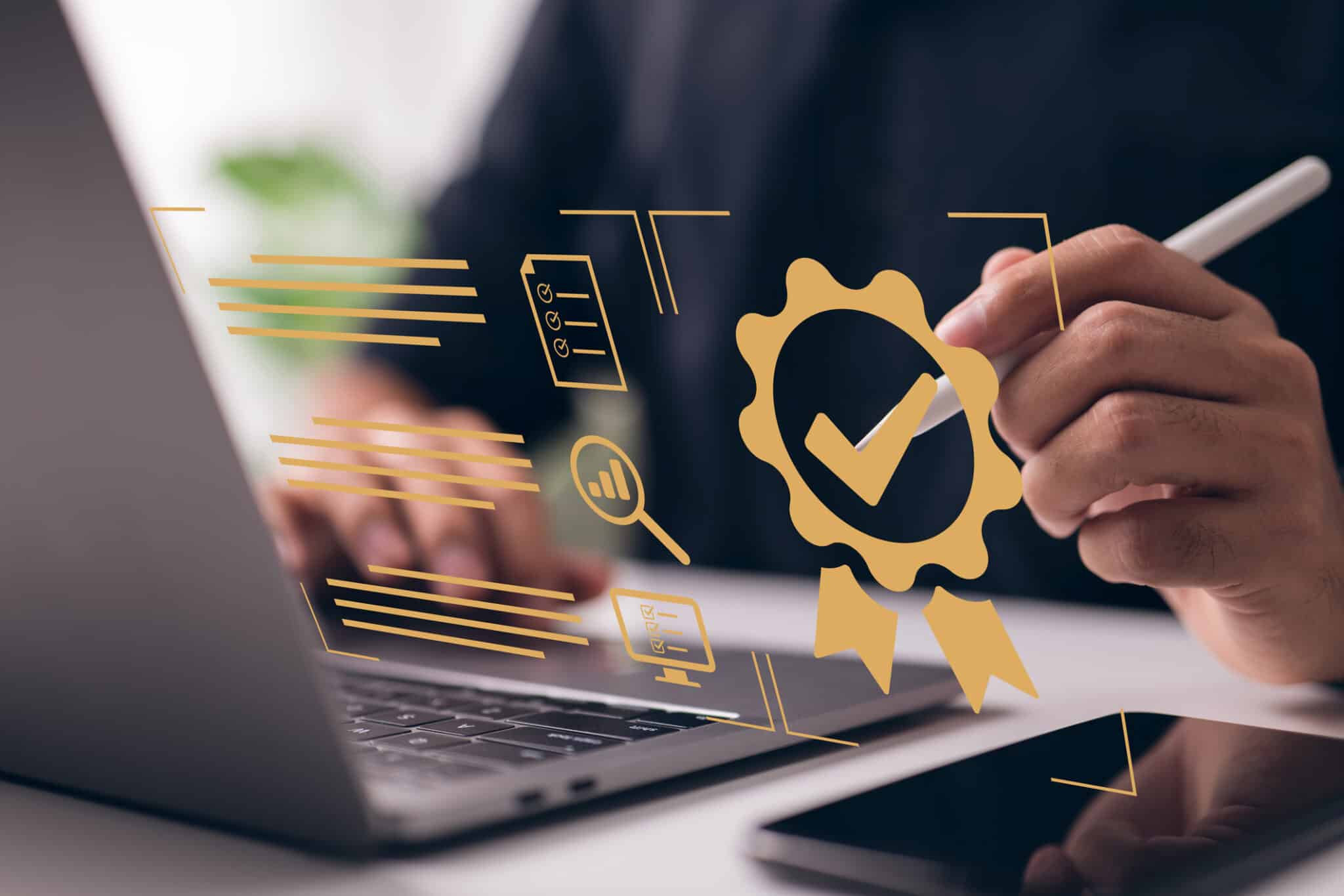 This is what a businessman looks like while working: he has the sign of the best service Quality Assurance, Guarantee, Standards, ISO certification, standardization, and so on.