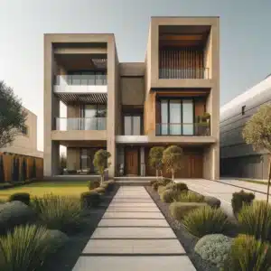 DALL·E 2025 02 18 14.01.50 Una Casa Moderna De Dos Pisos En Puebla, México, Con Una Fachada En Tonos Neutros Y Detalles En Madera. La Entrada Principal Tiene Un Camino De Concre